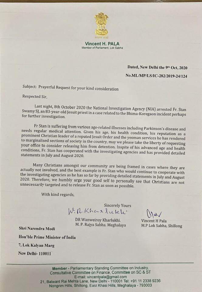 Letter Vincent H.Pala MP Lok Sabha Shillong